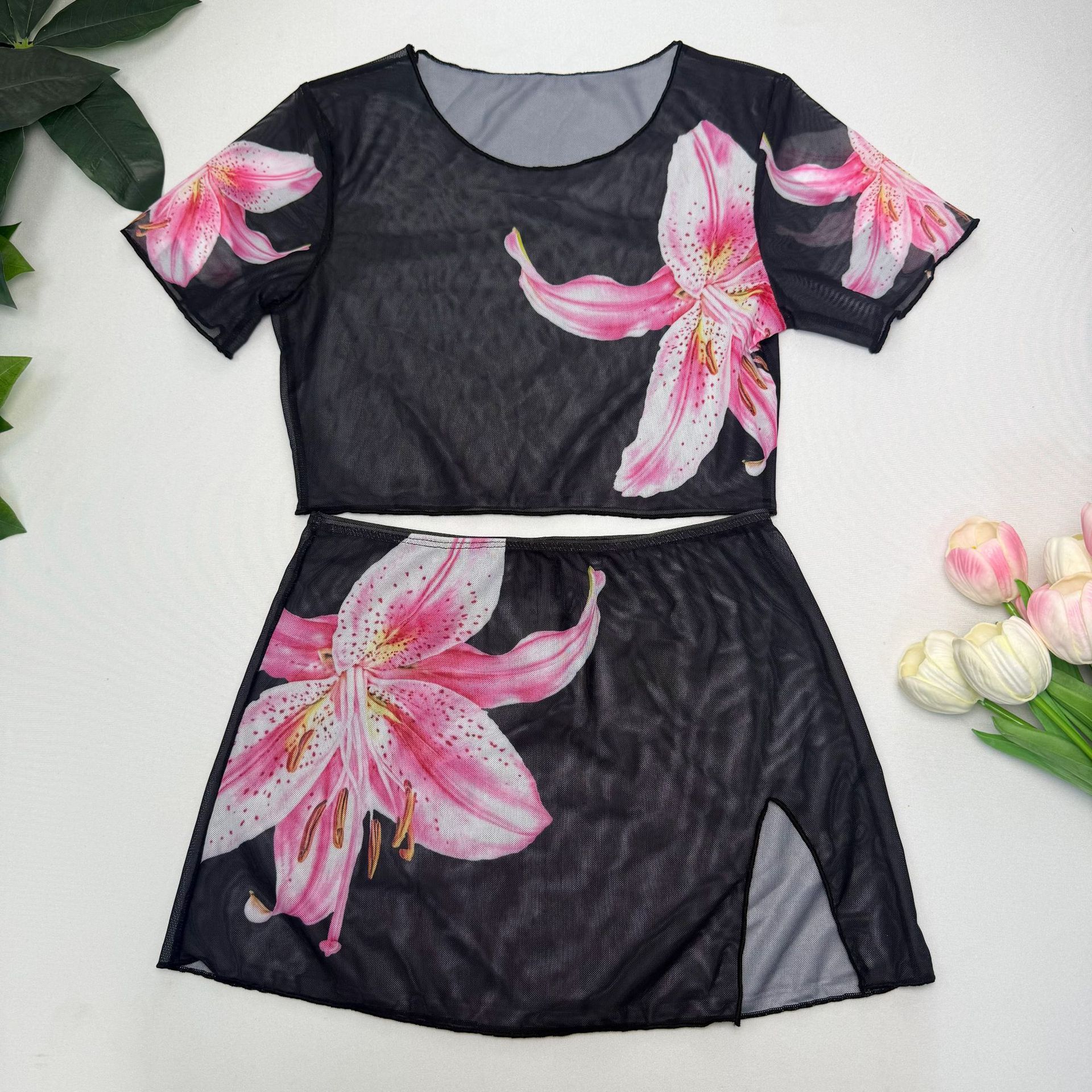 4Piece Set Bikini Women's Swimsuit Printed Strapless Apron Style Swimming Suit Sexy Fresh European Style Polyester Fabric R0152R