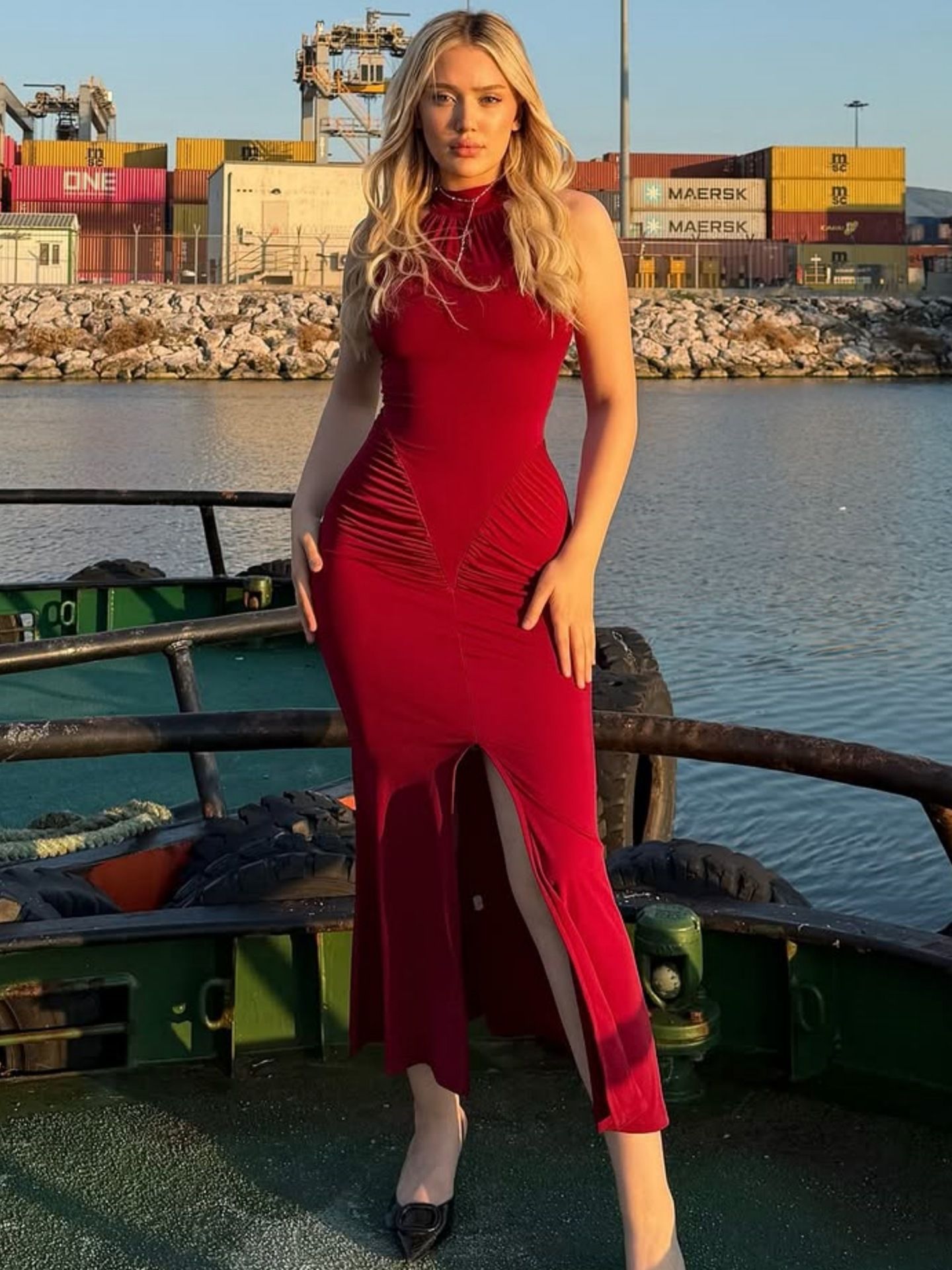 Women's Slim Fit High Collar Elegant Pleated Long Dress Party Dress Date Night Outfit Polyester Knitted Solid Color R0208