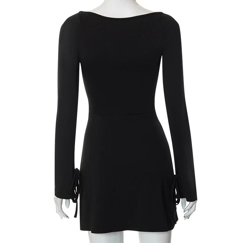 Autumn New Women Dresses Fashion Streetwear Long Sleeves Split Lace-up Mini Dress Black Sexy Backless Female Casual Slim Dresses R0222