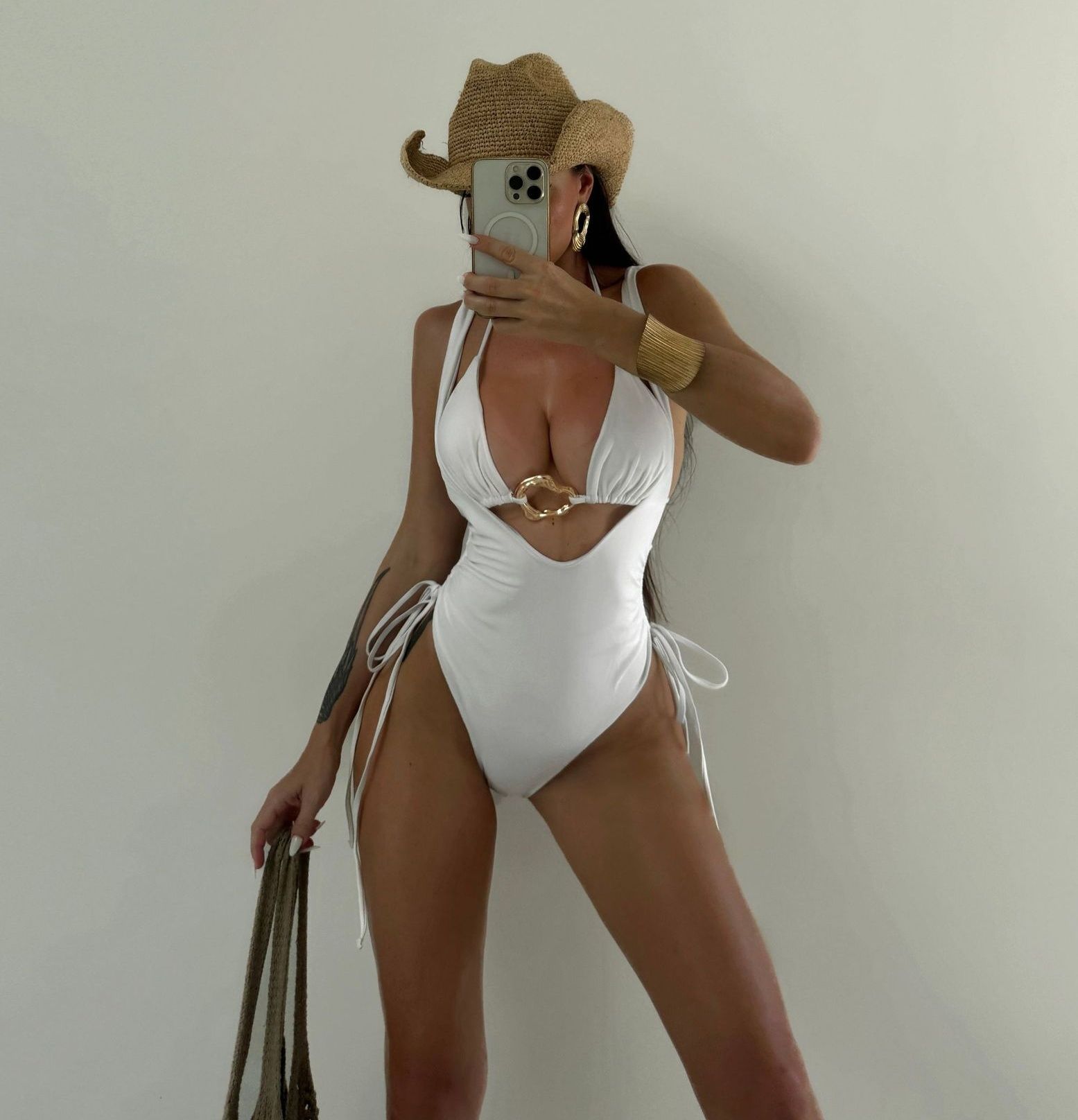 Sexy White Bikini Set Women Metal Circle Push Up Bra Drawstring Side High Waist Swimsuit Beach Bathing Suit Two Piece Swimwear R0194