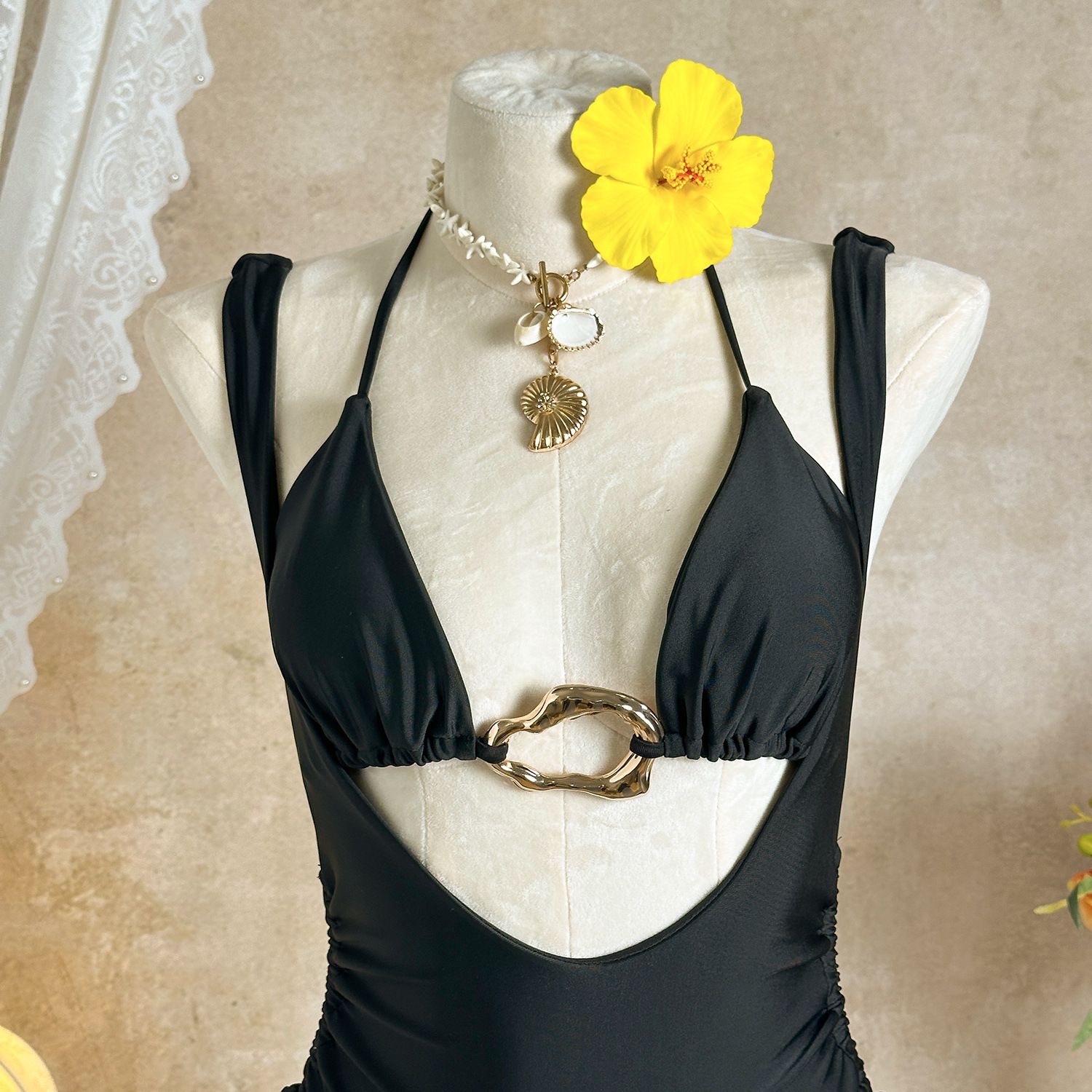 Sexy White Bikini Set Women Metal Circle Push Up Bra Drawstring Side High Waist Swimsuit Beach Bathing Suit Two Piece Swimwear R0194