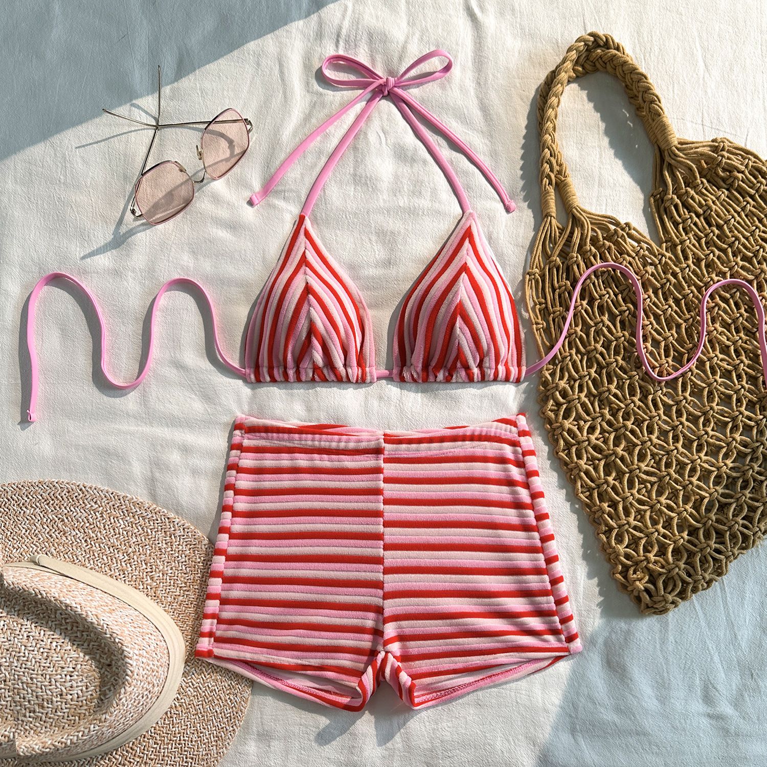 2026 New Stripe 3 Pieces Bikinis Sets With Boxer Shorts Knitted Beachwear Sexy Women's Swimsuit Cover-ups Strappy Beach Wear R0195