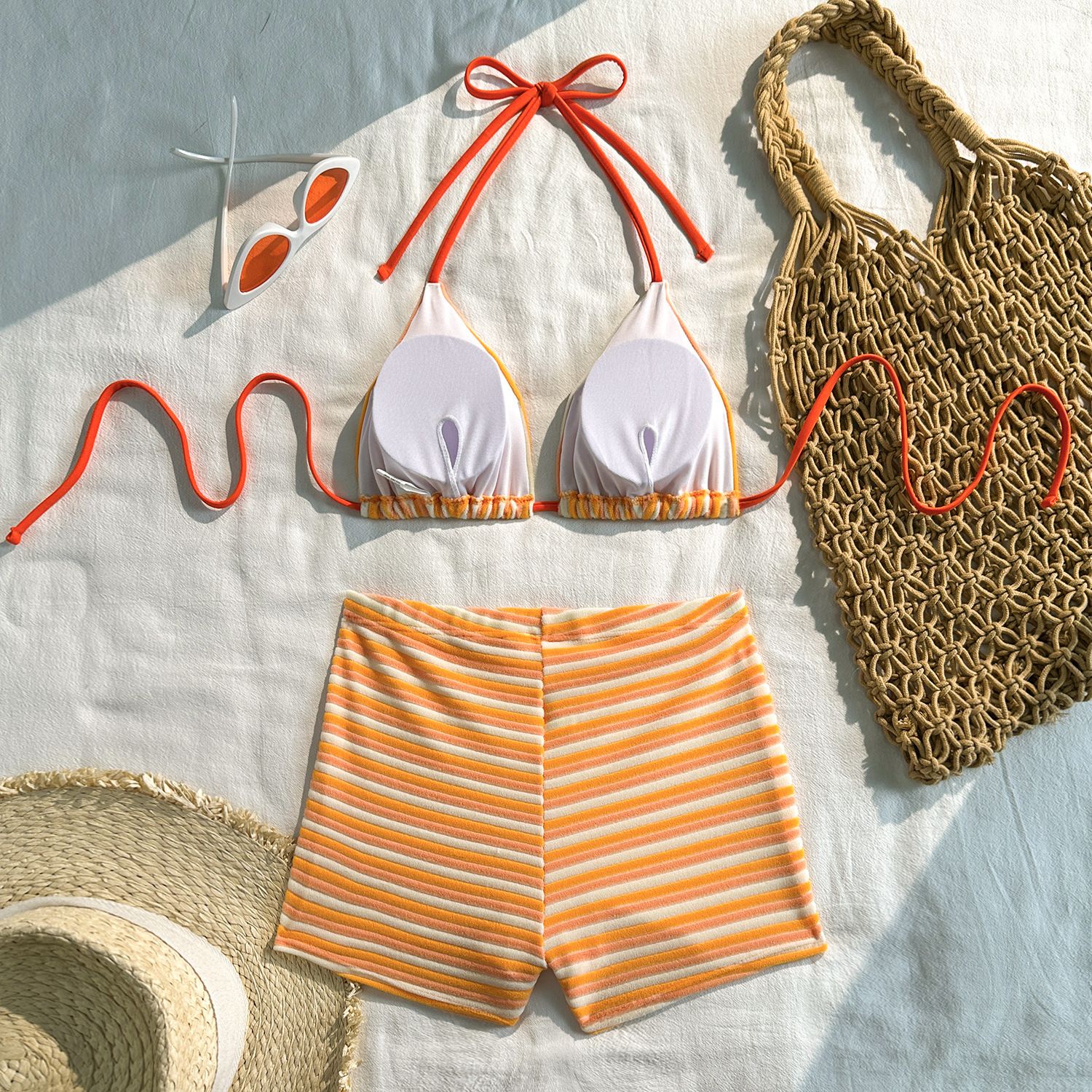 2026 New Stripe 3 Pieces Bikinis Sets With Boxer Shorts Knitted Beachwear Sexy Women's Swimsuit Cover-ups Strappy Beach Wear R0195