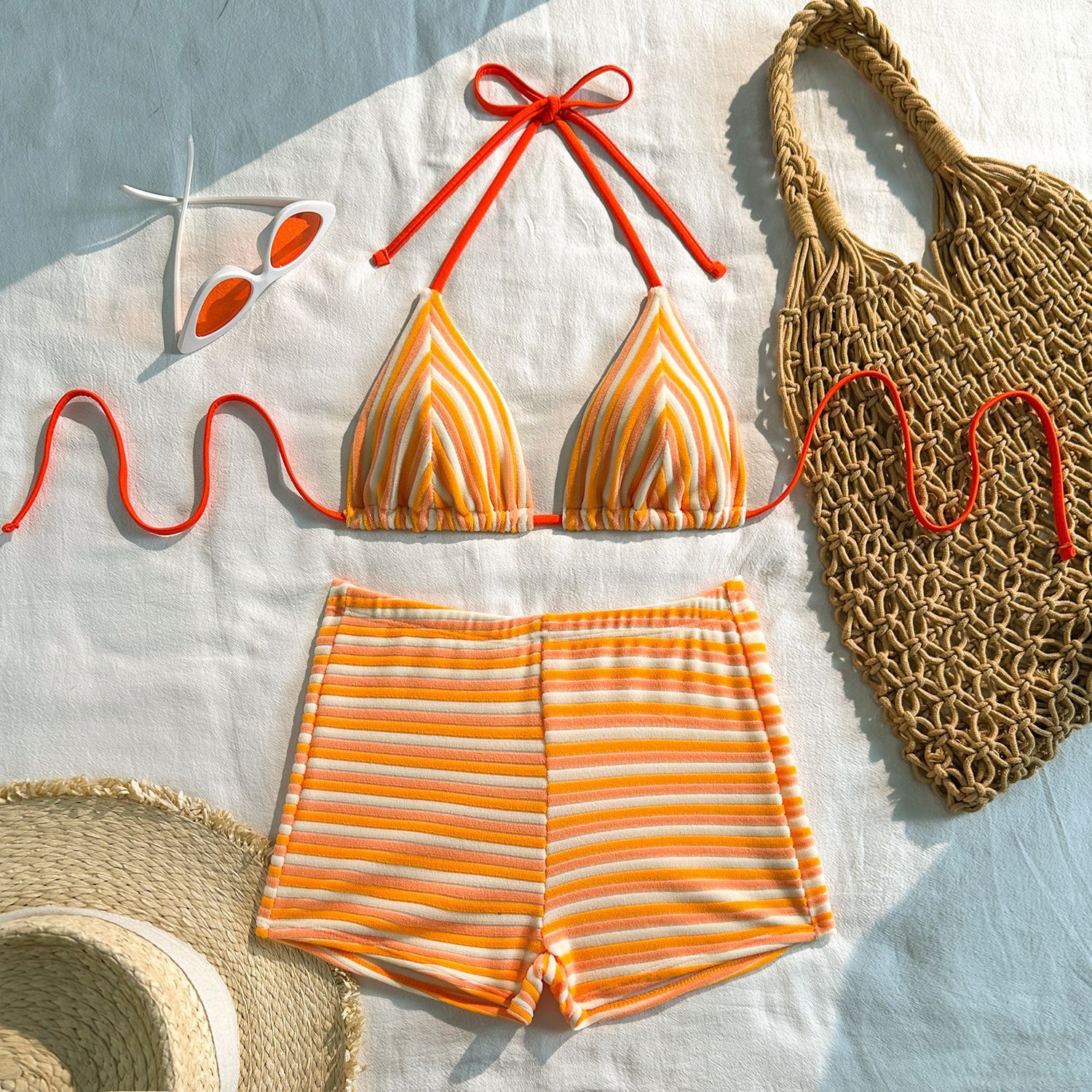 2026 New Stripe 3 Pieces Bikinis Sets With Boxer Shorts Knitted Beachwear Sexy Women's Swimsuit Cover-ups Strappy Beach Wear R0195