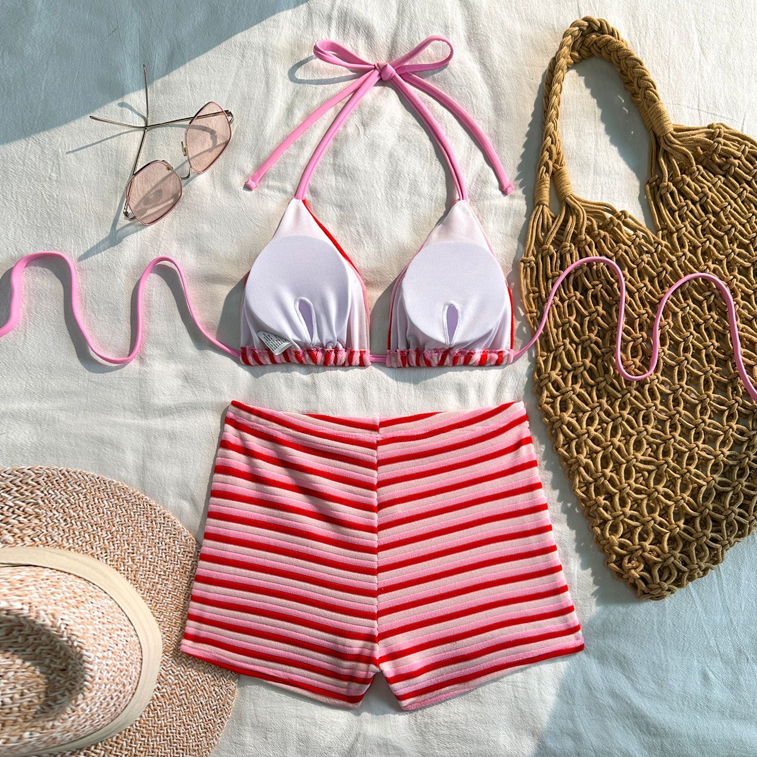 2026 New Stripe 3 Pieces Bikinis Sets With Boxer Shorts Knitted Beachwear Sexy Women's Swimsuit Cover-ups Strappy Beach Wear R0195