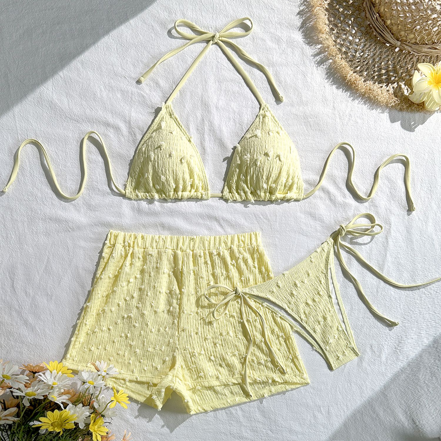 3Pcs Halter Bikini Women Swimwear Female Swimsuit Three-pieces Bikini set With Shorts Bather Bathing Suit Swim R0179