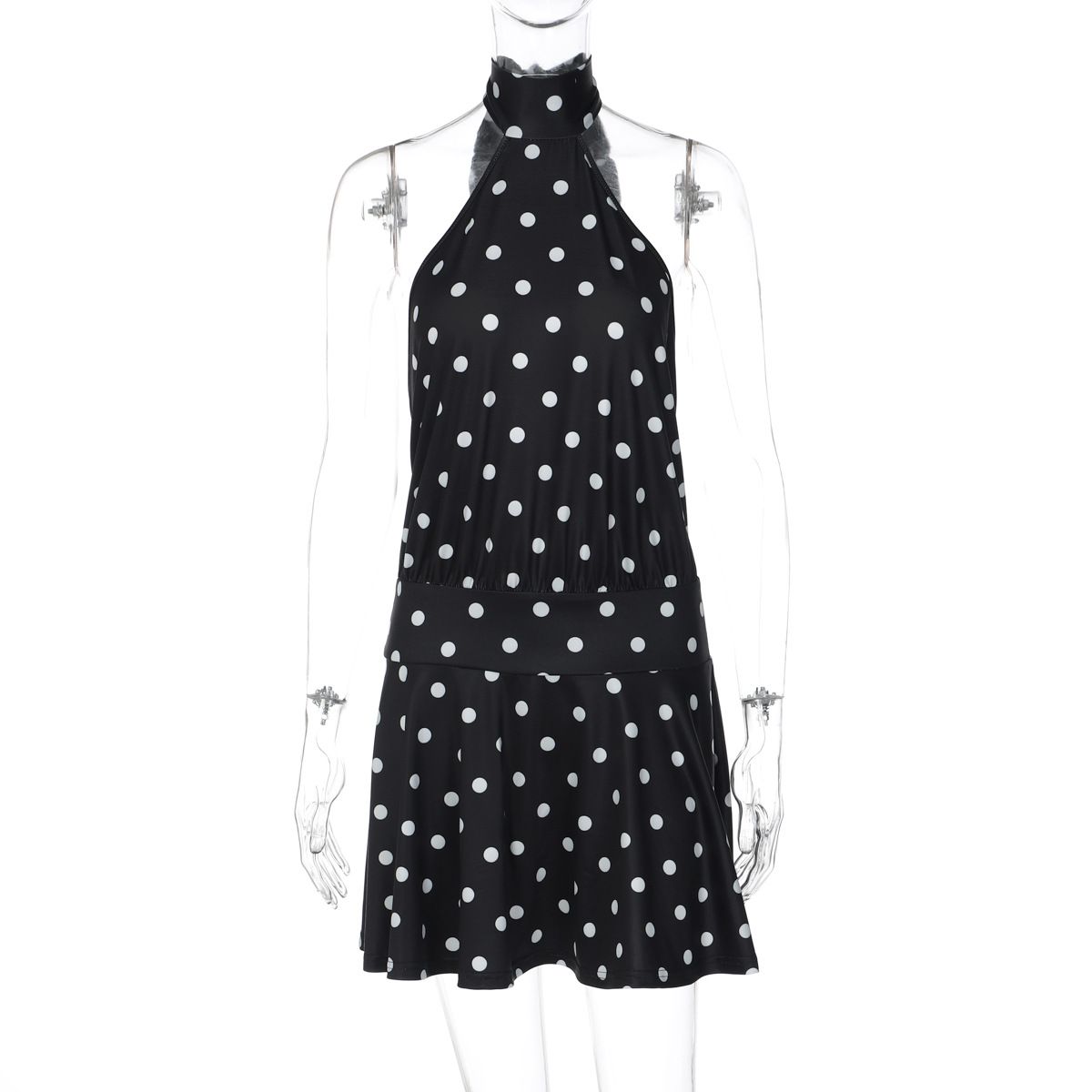 Polka Dot Vacation Mini Dress For Women High Waist A-line Ball Gown Dress Sleeveless Halter Neck Female Summer Fashion R0205A