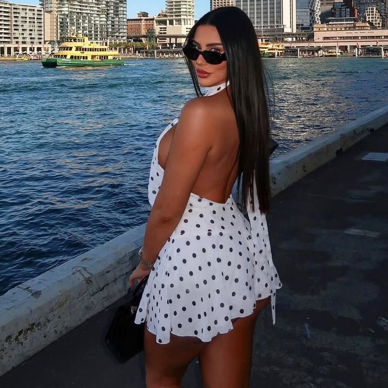 Polka Dot Vacation Mini Dress For Women High Waist A-line Ball Gown Dress Sleeveless Halter Neck Female Summer Fashion R0205A