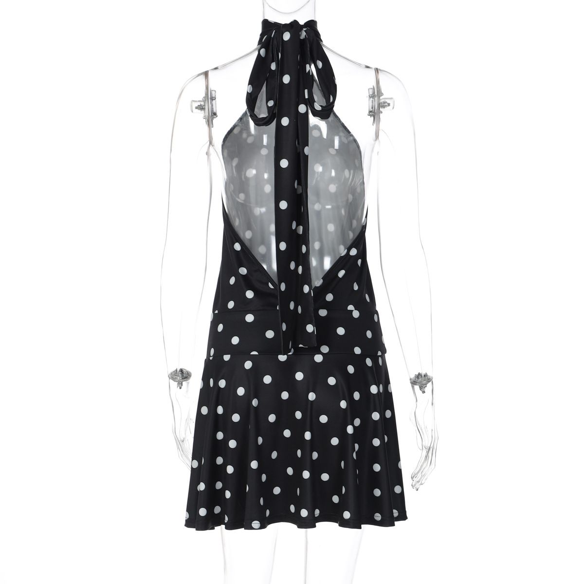 Polka Dot Vacation Mini Dress For Women High Waist A-line Ball Gown Dress Sleeveless Halter Neck Female Summer Fashion R0205A