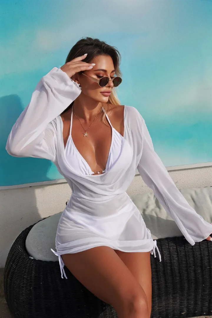 2026 New 3 Pieces Bikini Set White Black Sheer Long Sleeve Cover Up Dress Ruched Side Tie Swimwear Cover Up for Beach Vacation R0153