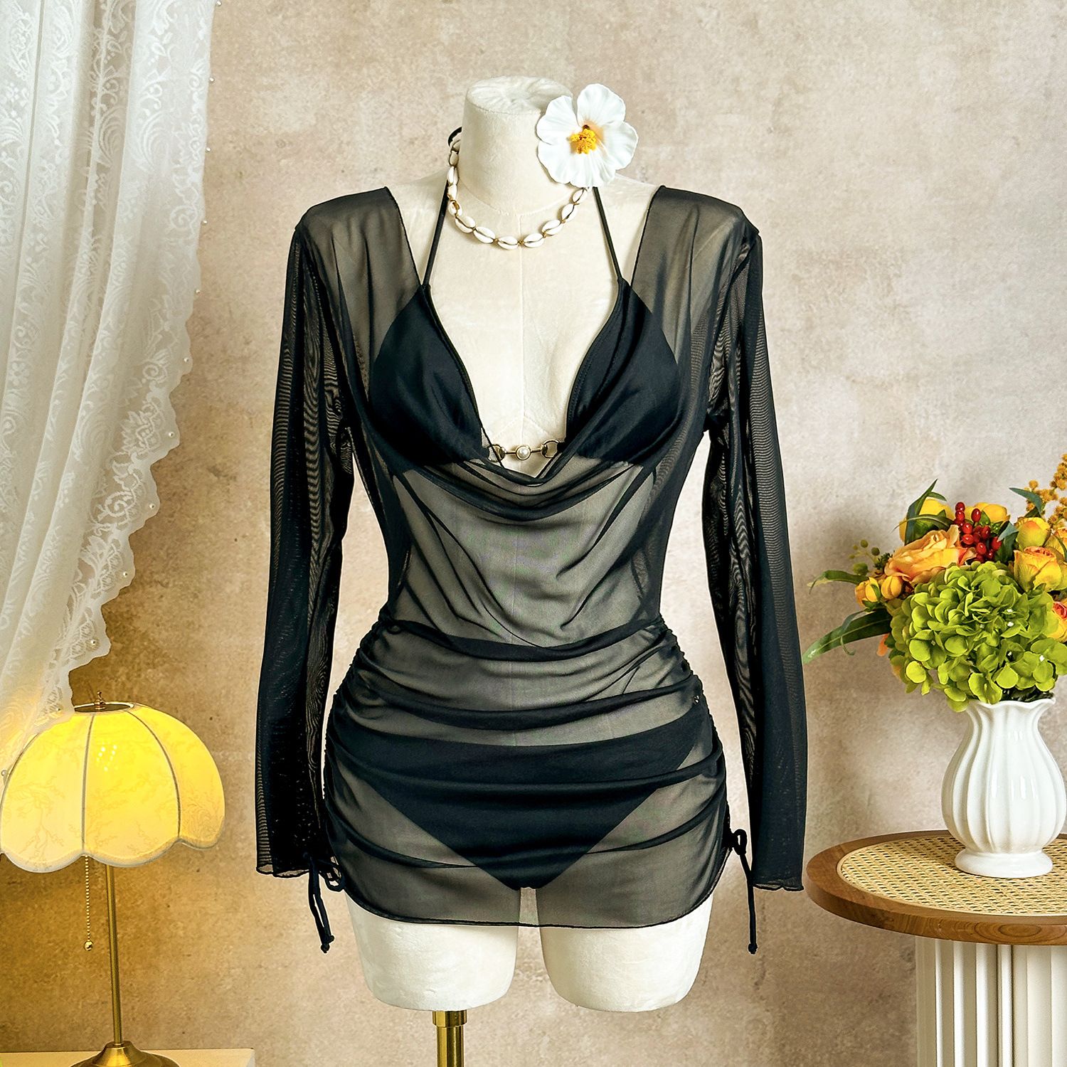 2026 New 3 Pieces Bikini Set White Black Sheer Long Sleeve Cover Up Dress Ruched Side Tie Swimwear Cover Up for Beach Vacation R0153