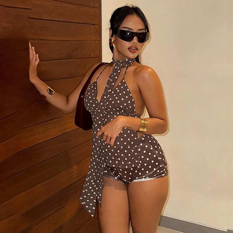 Chic Polka Dots Print Women 2 Piece Set Halter Camisole+Elastic Bubble Shorts Matching Clubwear Beach Vacation Outfit R0317