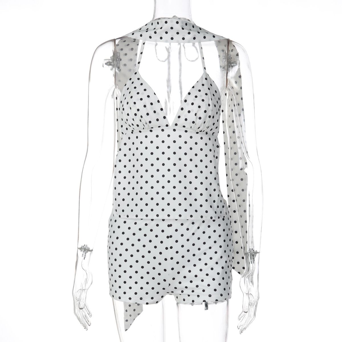 Chic Polka Dots Print Women 2 Piece Set Halter Camisole+Elastic Bubble Shorts Matching Clubwear Beach Vacation Outfit R0317