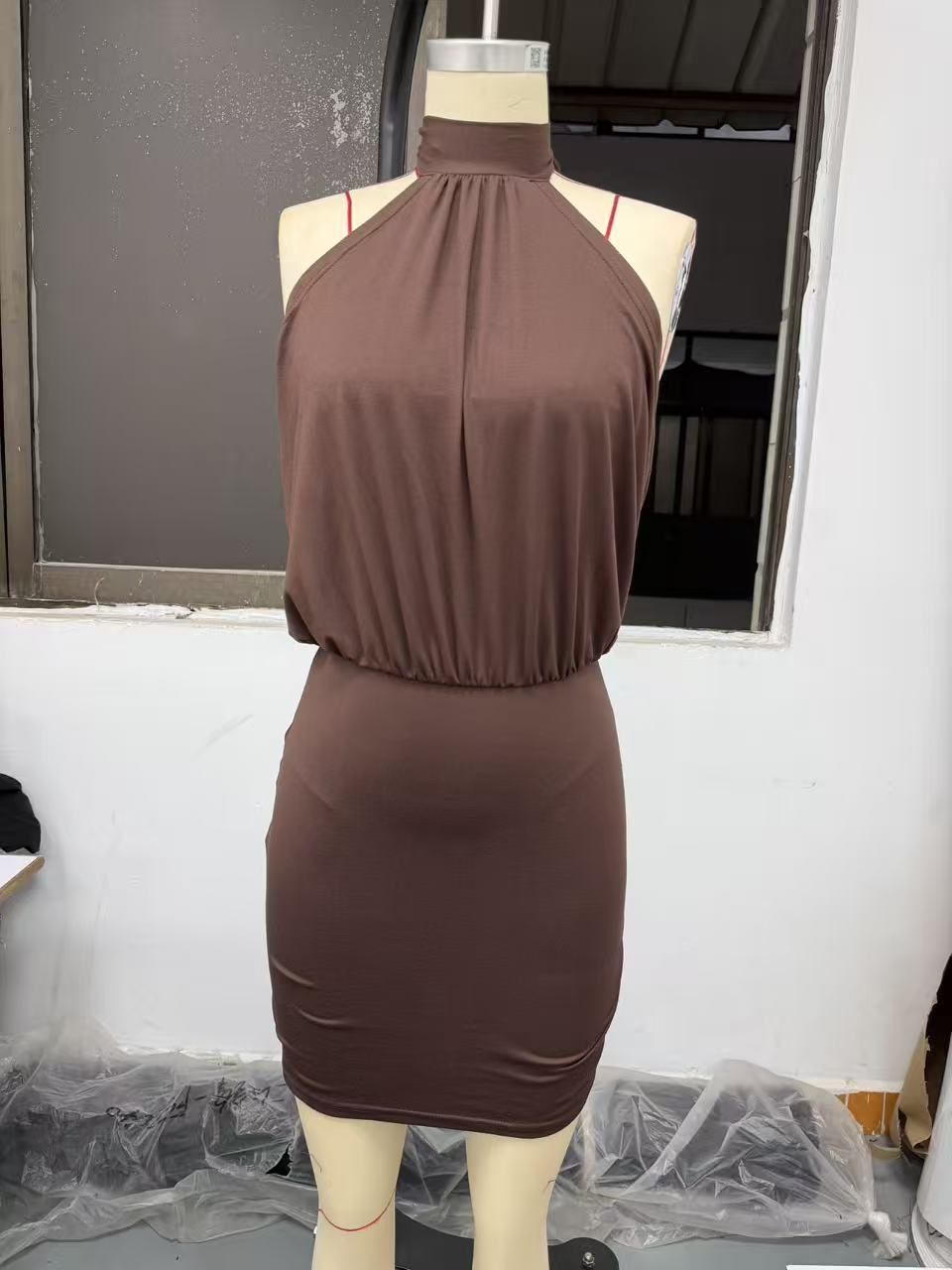 Summer Fashion Sexy Halter Sleeveless Lace Up Backless Bodycon Mini Dress Women'S Solid Elegant Party Club Street Outfit R0289