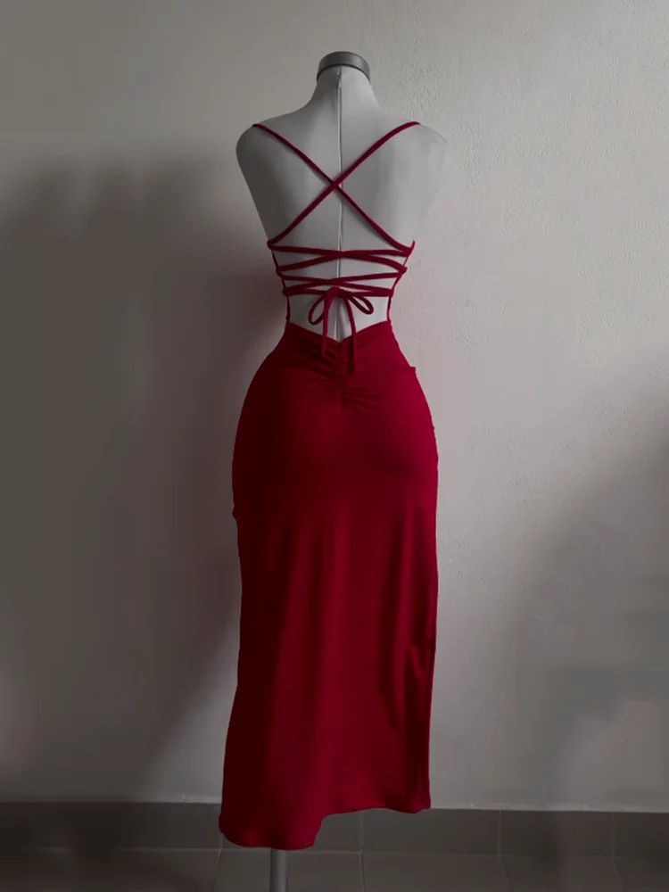 Sexy Backless Lace Up Long Dress Women Split Sleeveless Bodycon Party Club Evening Dresses High Street Female Suspender Robes R0292