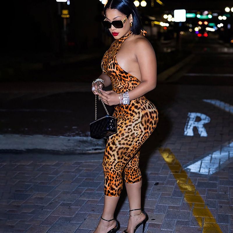 Summer Trend Backless Romper Women Halter Bandage Leopard Print Fit Tight Stretch Sexy Hipster Activity Workout Playsuits R0303