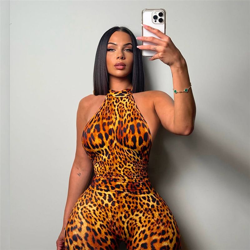 Summer Trend Backless Romper Women Halter Bandage Leopard Print Fit Tight Stretch Sexy Hipster Activity Workout Playsuits R0303