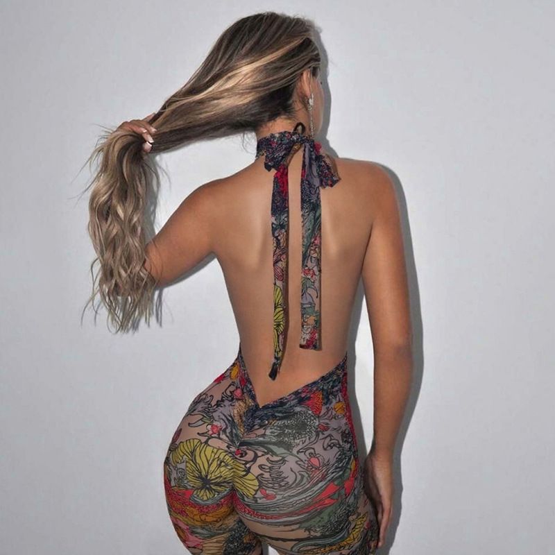 Summer Trend Backless Romper Women Halter Bandage Leopard Print Fit Tight Stretch Sexy Hipster Activity Workout Playsuits R0303