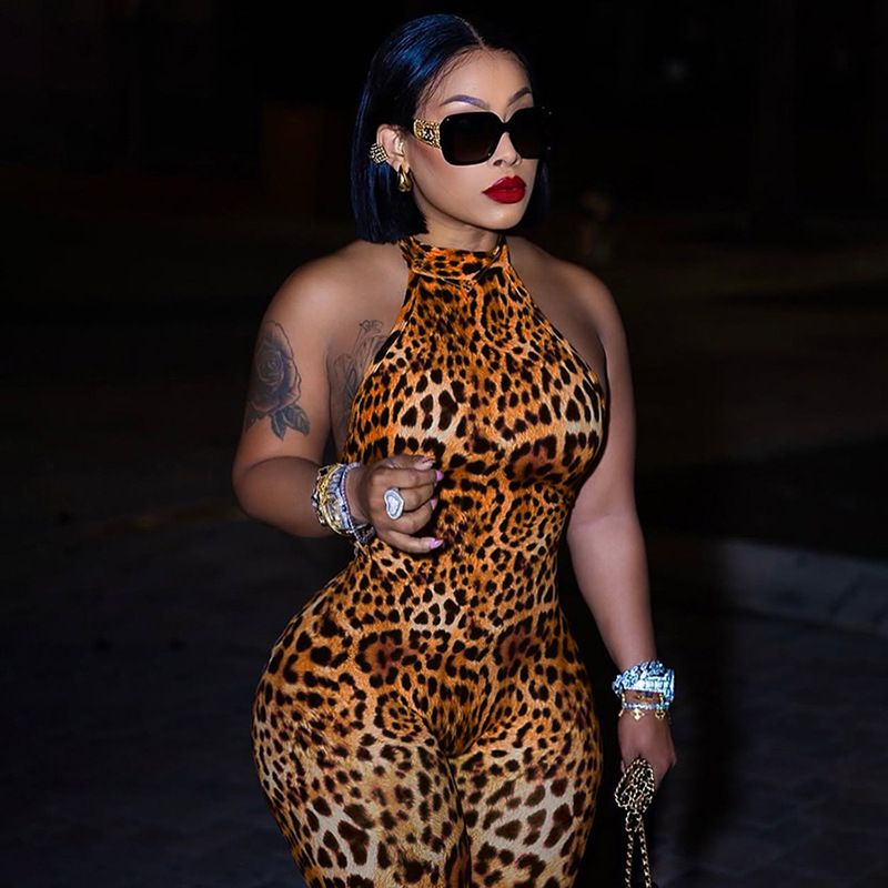 Summer Trend Backless Romper Women Halter Bandage Leopard Print Fit Tight Stretch Sexy Hipster Activity Workout Playsuits R0303