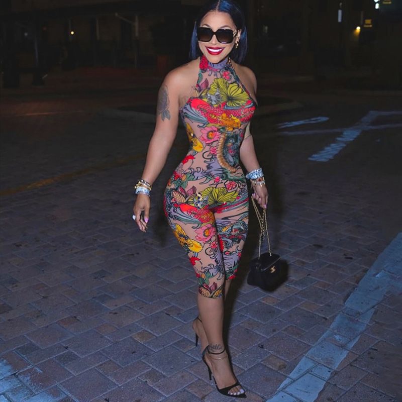 Summer Trend Backless Romper Women Halter Bandage Leopard Print Fit Tight Stretch Sexy Hipster Activity Workout Playsuits R0303
