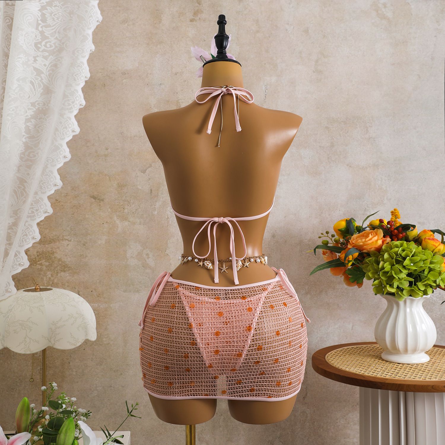 Sexy Pink White Mesh Cover Up 3 Piece Bikini Set 2026 Women Luxury Golden Pearls Push Up Triangle Swimsuit Bathing Suit Swimwear R0136