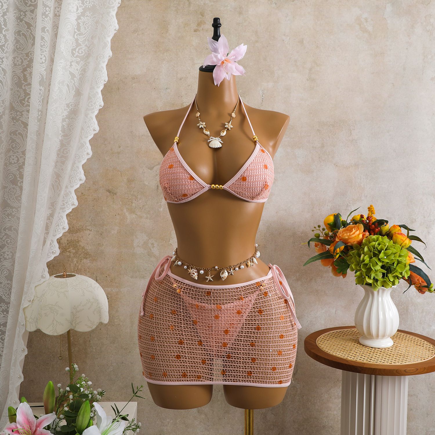 Sexy Pink White Mesh Cover Up 3 Piece Bikini Set 2026 Women Luxury Golden Pearls Push Up Triangle Swimsuit Bathing Suit Swimwear R0136