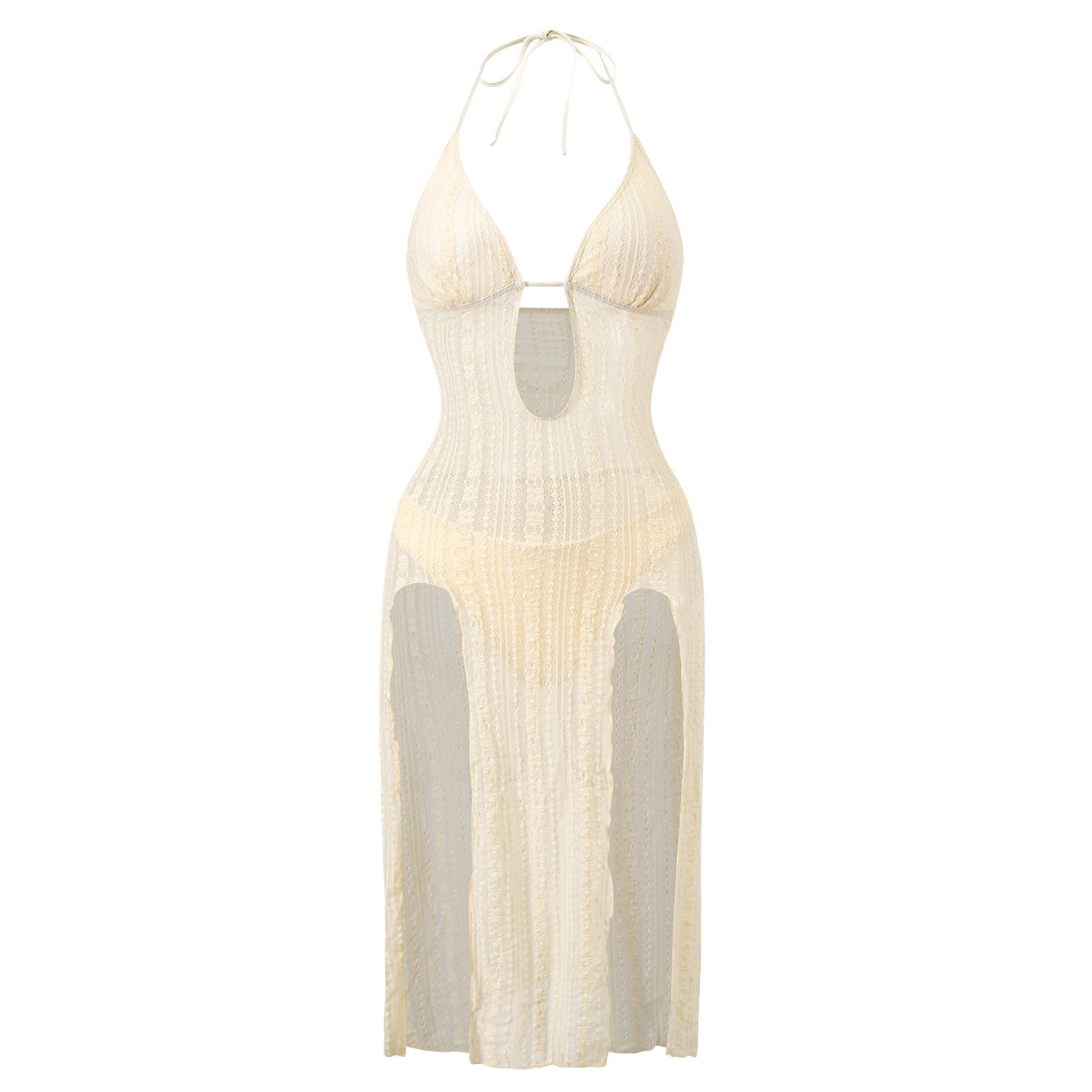 Sexy High Waist Swimwear Women 2026 Beige Hollow Out Mesh Push Up Dress Swimsuit Beach Bathing Suit Holiday Two Piece Bikini Set R0139