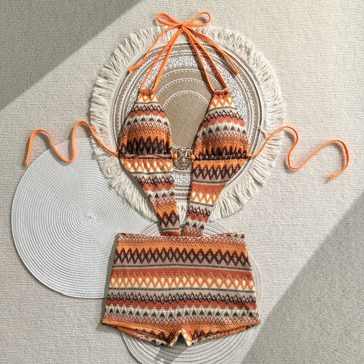 Sexy Orange Knitted Striped One Piece Swimsuit 2026 Women Metal Circle Hollow Out Backless Beach Holiday Bathing Suit Swimwear R0184