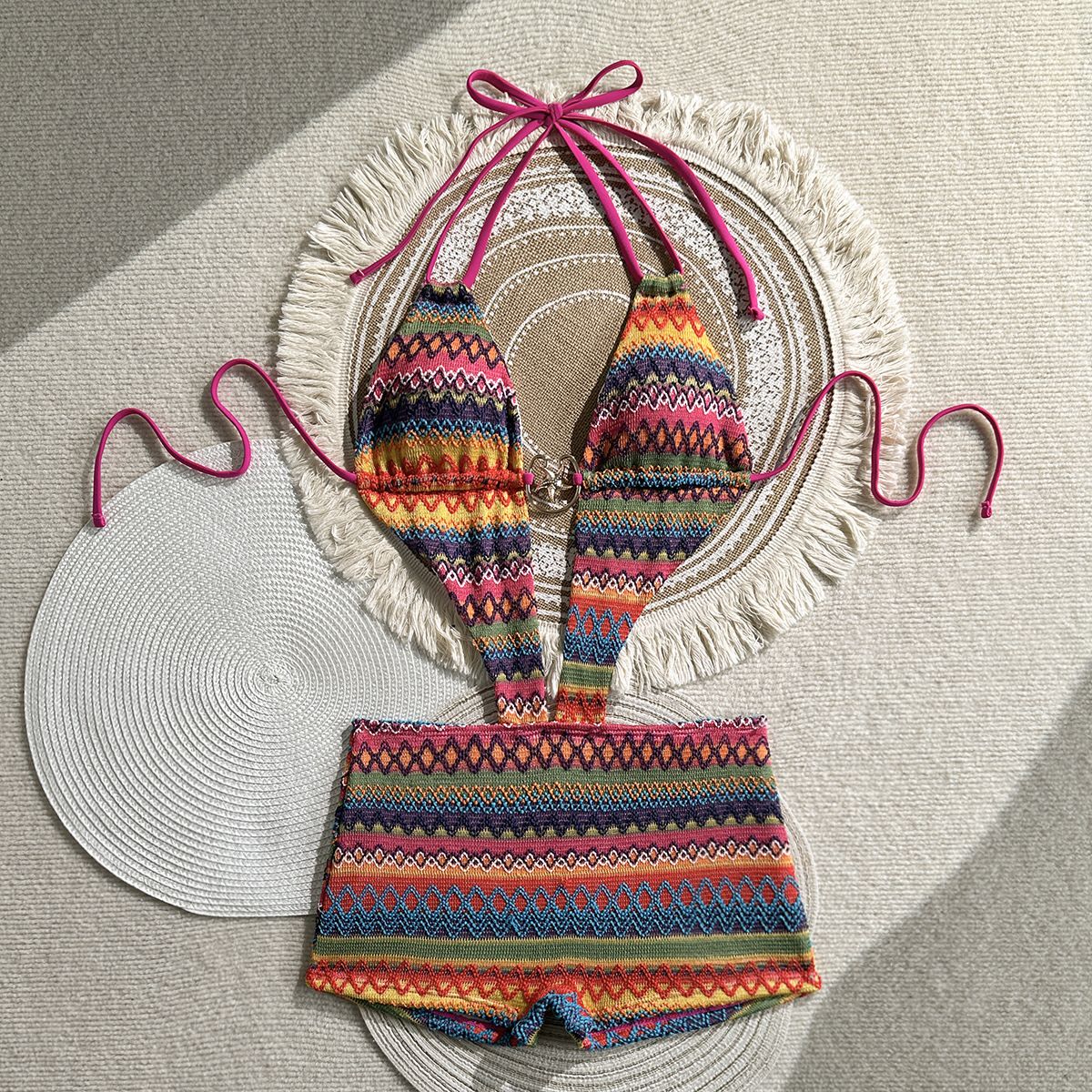 Sexy Orange Knitted Striped One Piece Swimsuit 2026 Women Metal Circle Hollow Out Backless Beach Holiday Bathing Suit Swimwear R0184