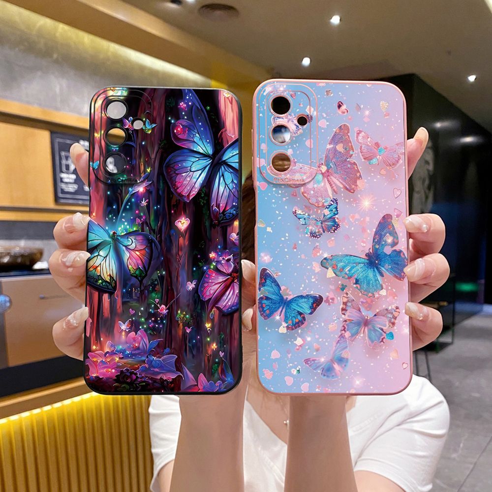 for Samsung Galaxy A15 A05 A35 A55 A04E A14 A24 A34 A54 A33 A53 A73 5G A32 A52S A72 A31 A51 A71 A11 A50 A03S Blue Pink Bling Butterfly Full Protective Case Anti Drop Cover