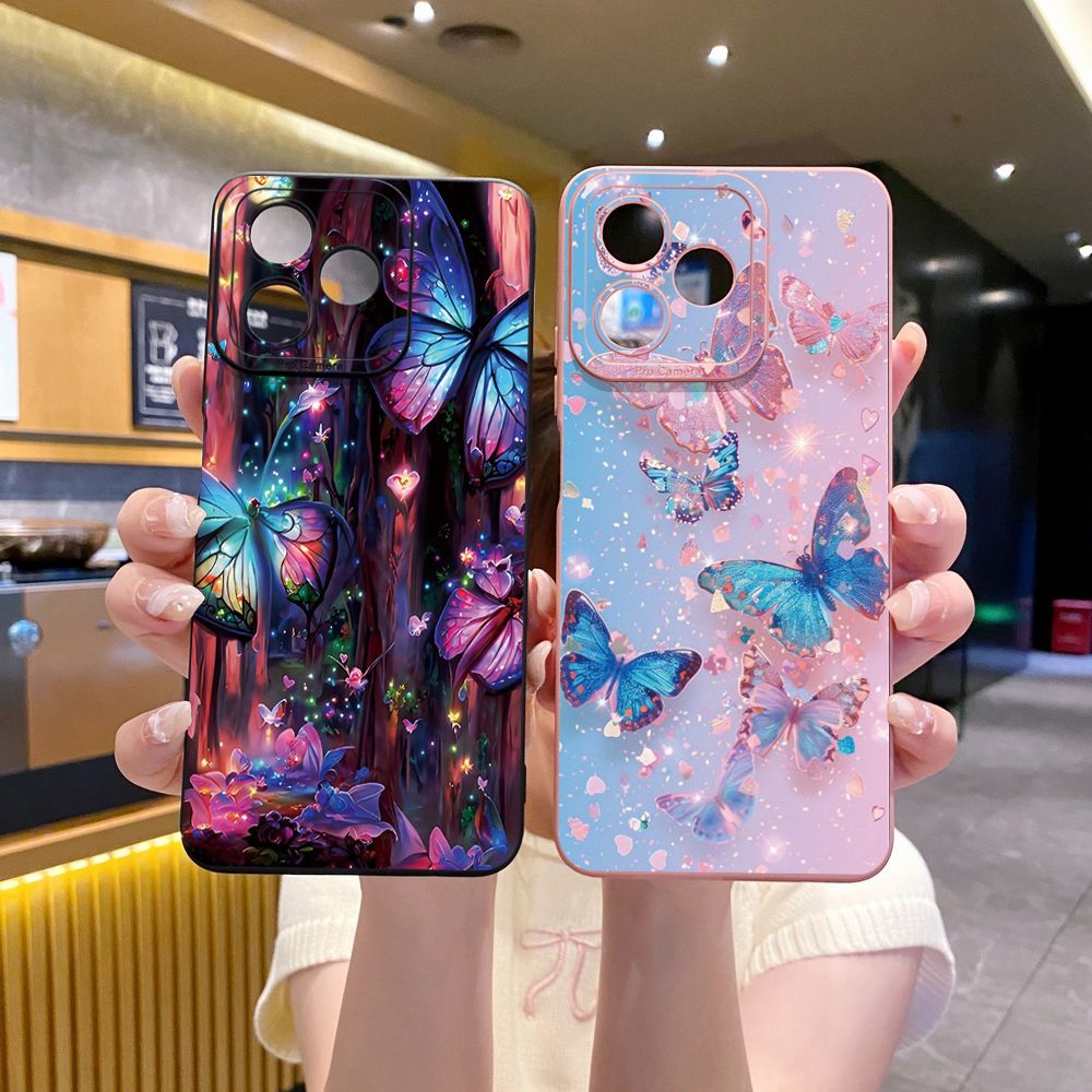for Realme C67 C53 C51 Note 50 C21 C33 C30 C35 C11 2021 C12 C15 C21Y C25Y C25S Realme5 5i 6i 9i 8 Pro Blue Pink Bling Butterfly Full Protective Case Anti Drop Cover
