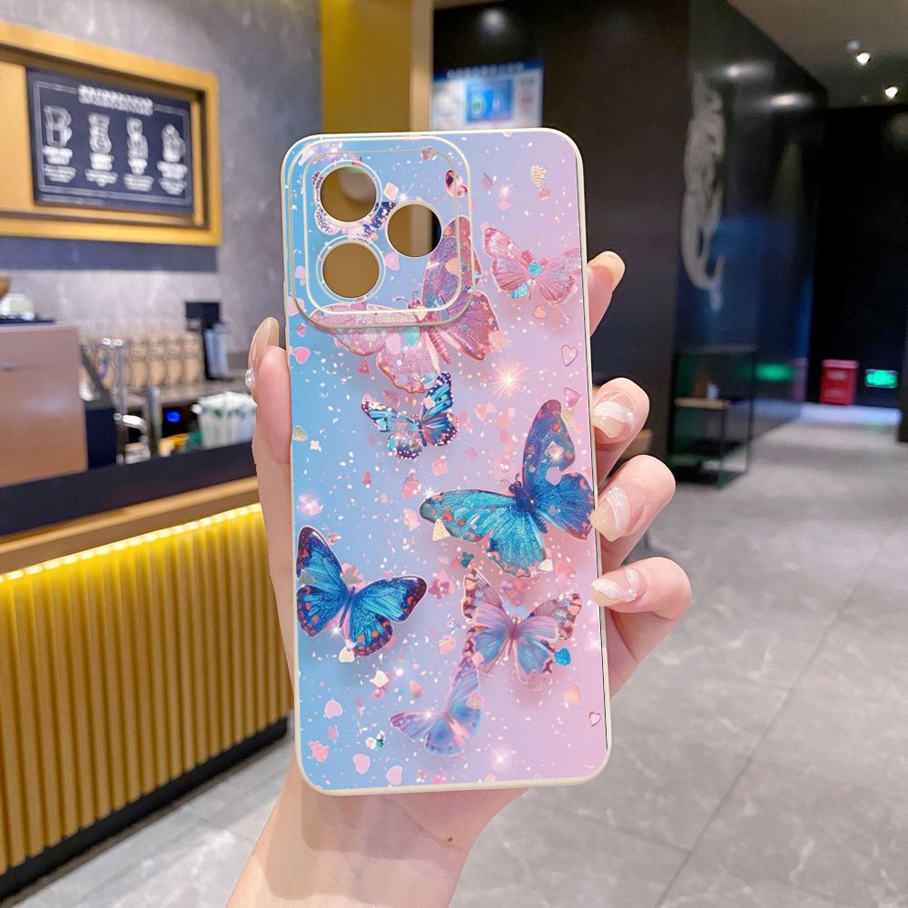 for Realme C67 C53 C51 Note 50 C21 C33 C30 C35 C11 2021 C12 C15 C21Y C25Y C25S Realme5 5i 6i 9i 8 Pro Blue Pink Bling Butterfly Full Protective Case Anti Drop Cover