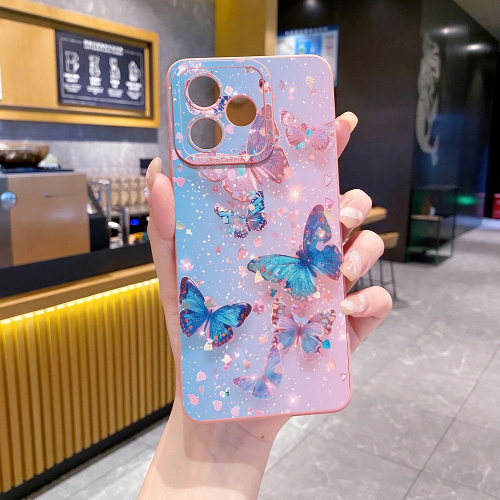 for Realme C67 C53 C51 Note 50 C21 C33 C30 C35 C11 2021 C12 C15 C21Y C25Y C25S Realme5 5i 6i 9i 8 Pro Blue Pink Bling Butterfly Full Protective Case Anti Drop Cover