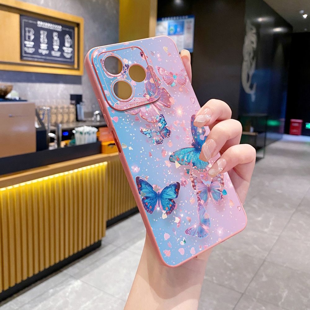 for Realme C67 C53 C51 Note 50 C21 C33 C30 C35 C11 2021 C12 C15 C21Y C25Y C25S Realme5 5i 6i 9i 8 Pro Blue Pink Bling Butterfly Full Protective Case Anti Drop Cover