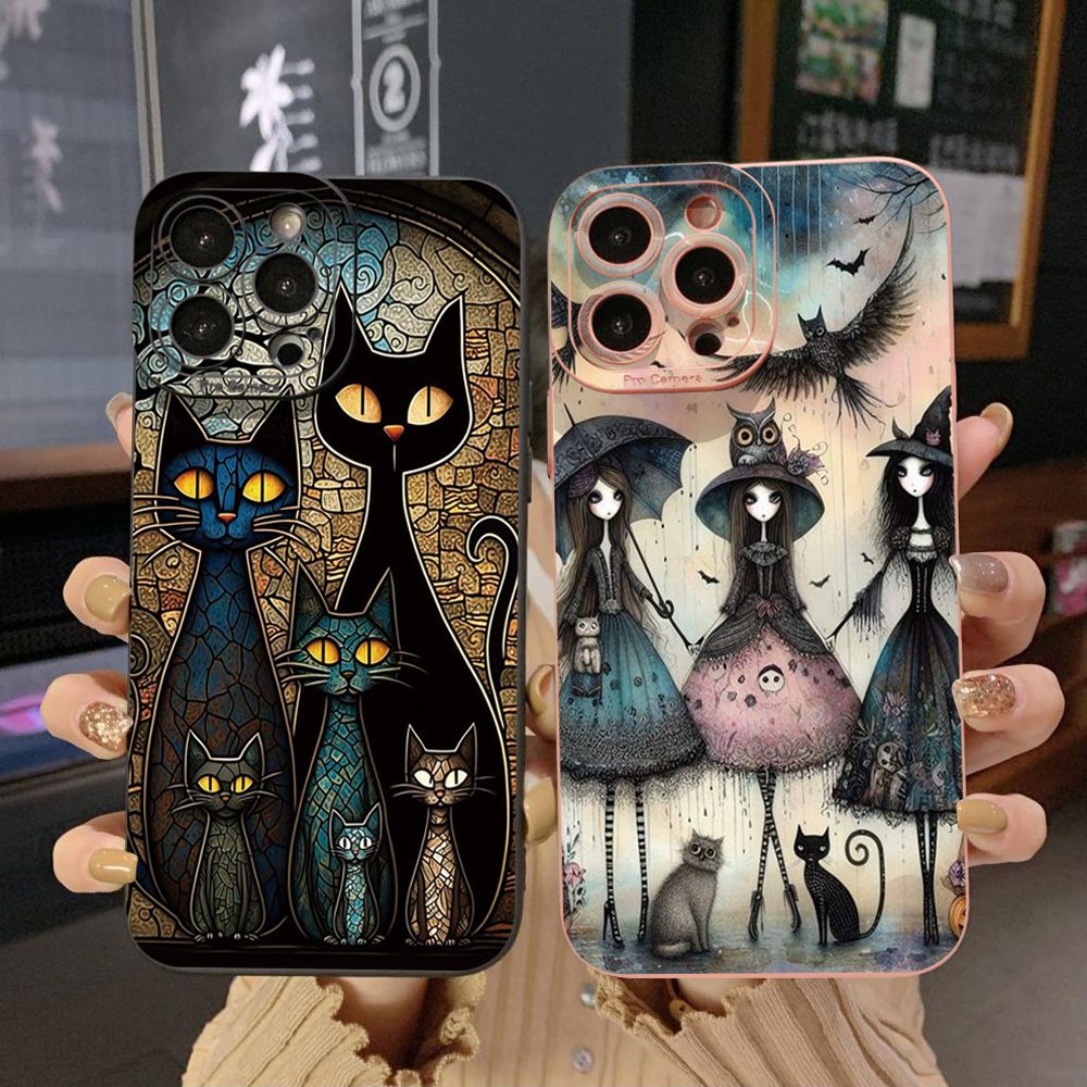 for iPhone 15 Pro Max 14 Plus 13 Pro Max 12 iPhone 11 XR 8 7 SE 2022 XS Max Black Cat Magic Girls Full Protective Case Anti Drop Cover
