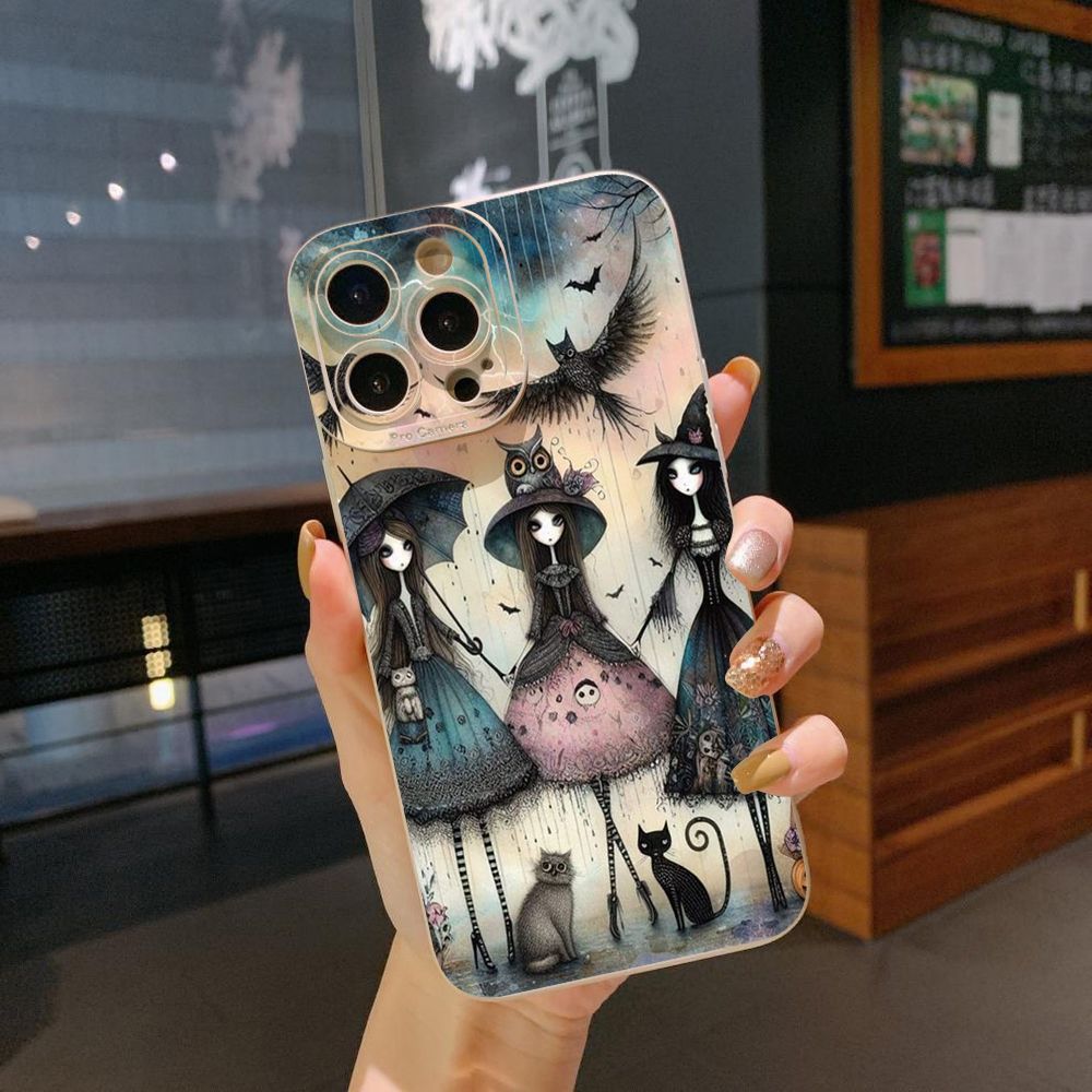 for iPhone 15 Pro Max 14 Plus 13 Pro Max 12 iPhone 11 XR 8 7 SE 2022 XS Max Black Cat Magic Girls Full Protective Case Anti Drop Cover