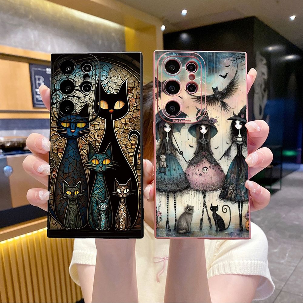 for Samsung Galaxy S24 S23 Ultra S22 Plus Note 20 S21 FE S20 Black Cat Magic Girls Full Protective Case Anti Drop Cover