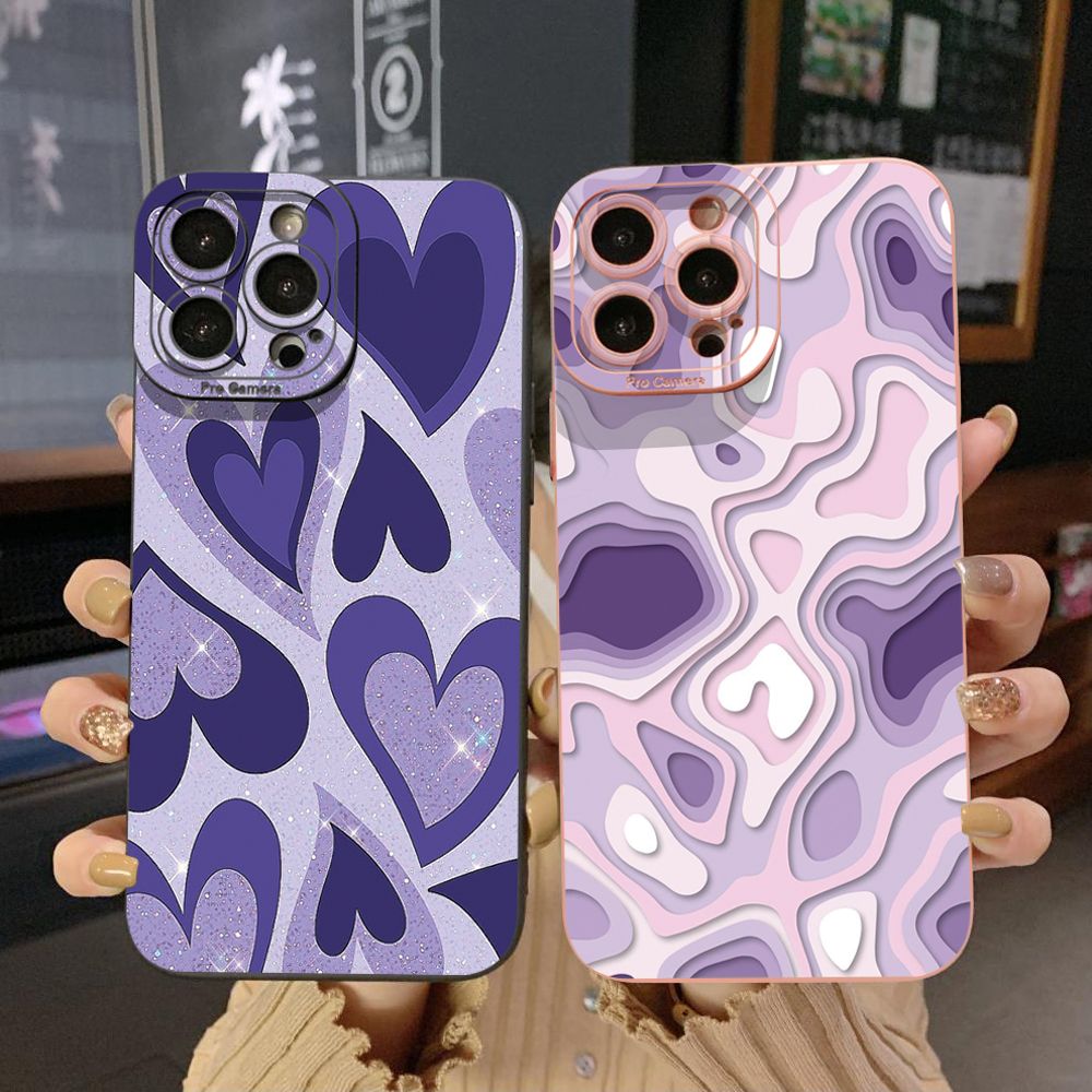 for iPhone 15 Pro Max 14 Plus 13 Pro Max 12 iPhone 11 XR 8 7 SE 2022 XS Max Liquid Purple Heart Full Protective Case Anti Drop Cover