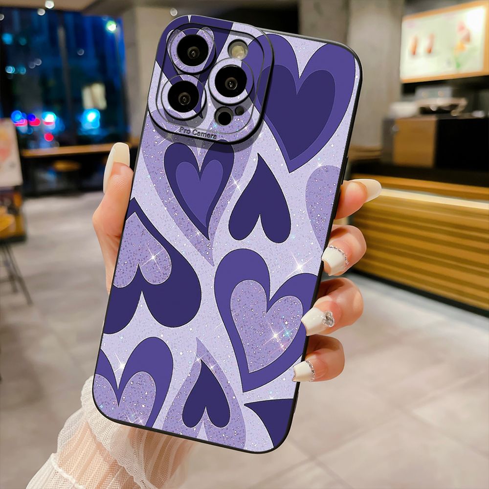 for iPhone 15 Pro Max 14 Plus 13 Pro Max 12 iPhone 11 XR 8 7 SE 2022 XS Max Liquid Purple Heart Full Protective Case Anti Drop Cover