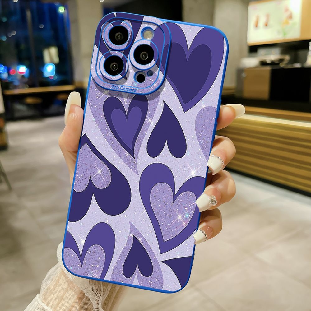 for iPhone 15 Pro Max 14 Plus 13 Pro Max 12 iPhone 11 XR 8 7 SE 2022 XS Max Liquid Purple Heart Full Protective Case Anti Drop Cover