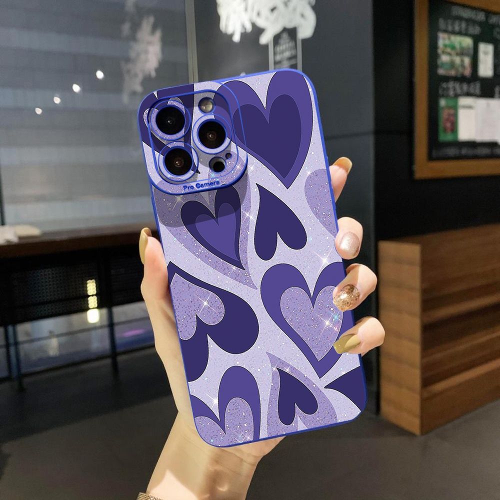 for iPhone 15 Pro Max 14 Plus 13 Pro Max 12 iPhone 11 XR 8 7 SE 2022 XS Max Liquid Purple Heart Full Protective Case Anti Drop Cover