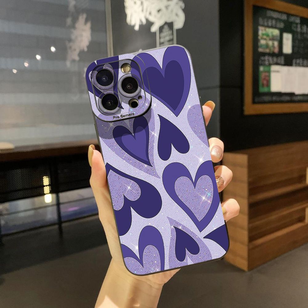 for iPhone 15 Pro Max 14 Plus 13 Pro Max 12 iPhone 11 XR 8 7 SE 2022 XS Max Liquid Purple Heart Full Protective Case Anti Drop Cover