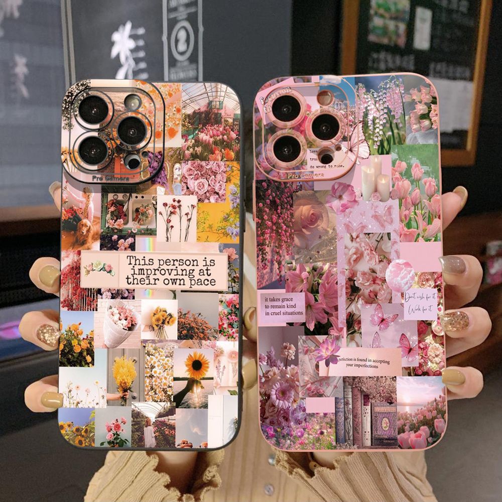 for iPhone 15 Pro Max 14 Plus 13 Pro Max 12 iPhone 11 XR 8 7 SE 2022 XS Max Sun Flower Pink Rose Full Protective Case Anti Drop Cover