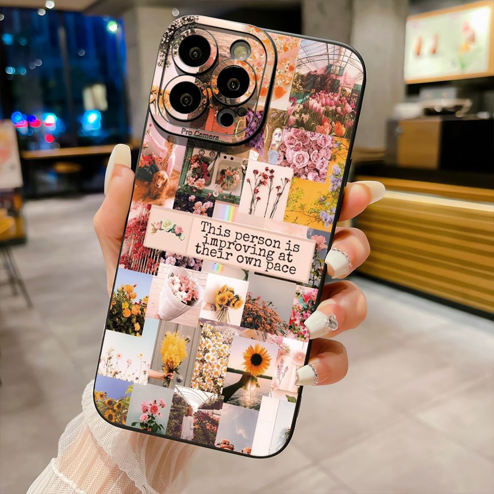 for iPhone 15 Pro Max 14 Plus 13 Pro Max 12 iPhone 11 XR 8 7 SE 2022 XS Max Sun Flower Pink Rose Full Protective Case Anti Drop Cover