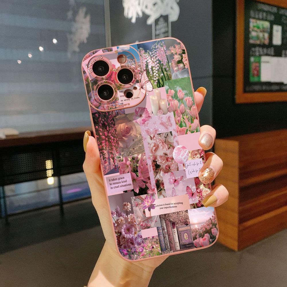 for iPhone 15 Pro Max 14 Plus 13 Pro Max 12 iPhone 11 XR 8 7 SE 2022 XS Max Sun Flower Pink Rose Full Protective Case Anti Drop Cover