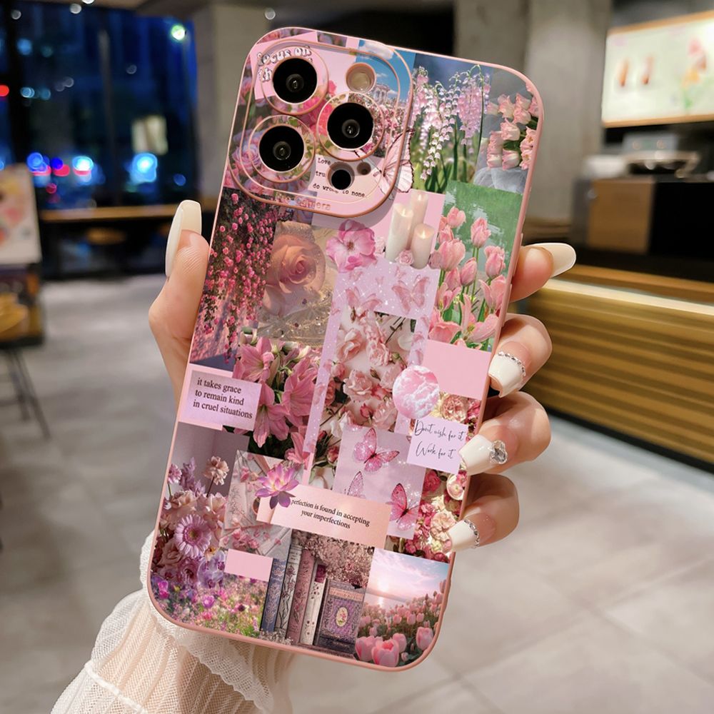 for iPhone 15 Pro Max 14 Plus 13 Pro Max 12 iPhone 11 XR 8 7 SE 2022 XS Max Sun Flower Pink Rose Full Protective Case Anti Drop Cover