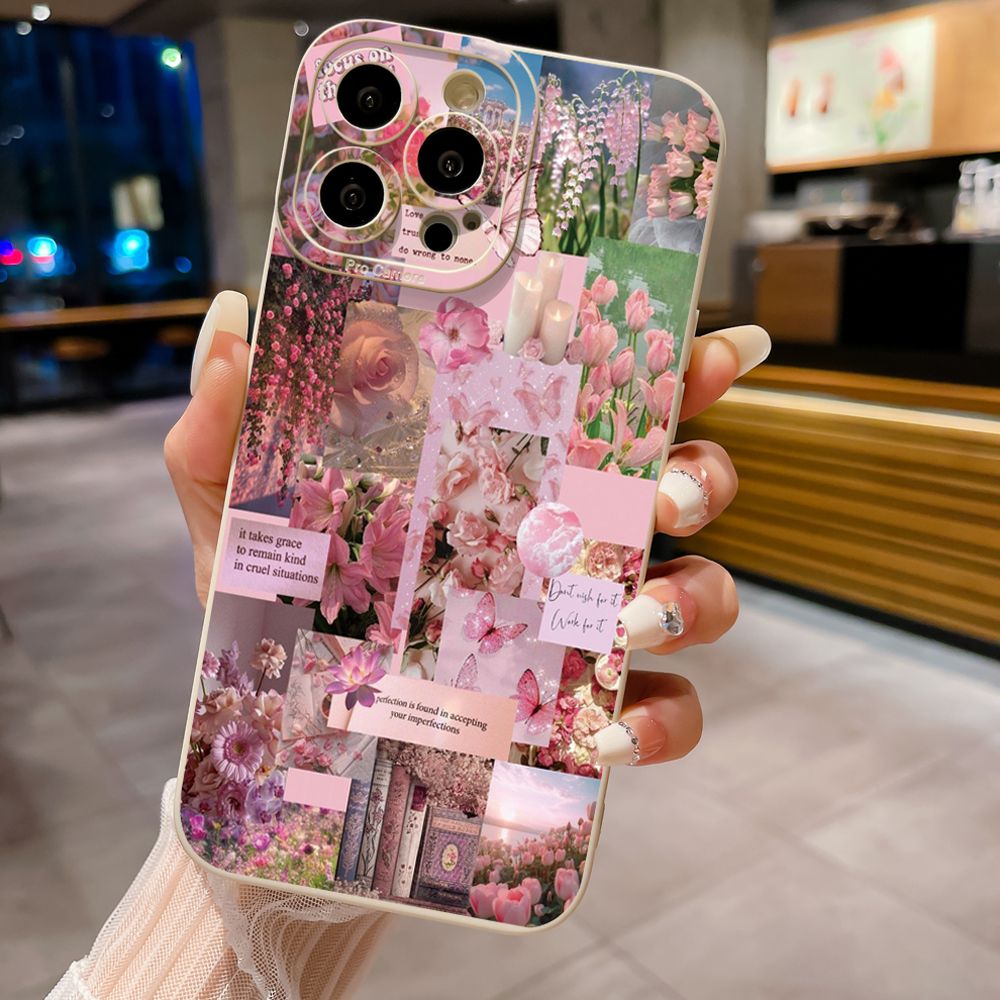for iPhone 15 Pro Max 14 Plus 13 Pro Max 12 iPhone 11 XR 8 7 SE 2022 XS Max Sun Flower Pink Rose Full Protective Case Anti Drop Cover