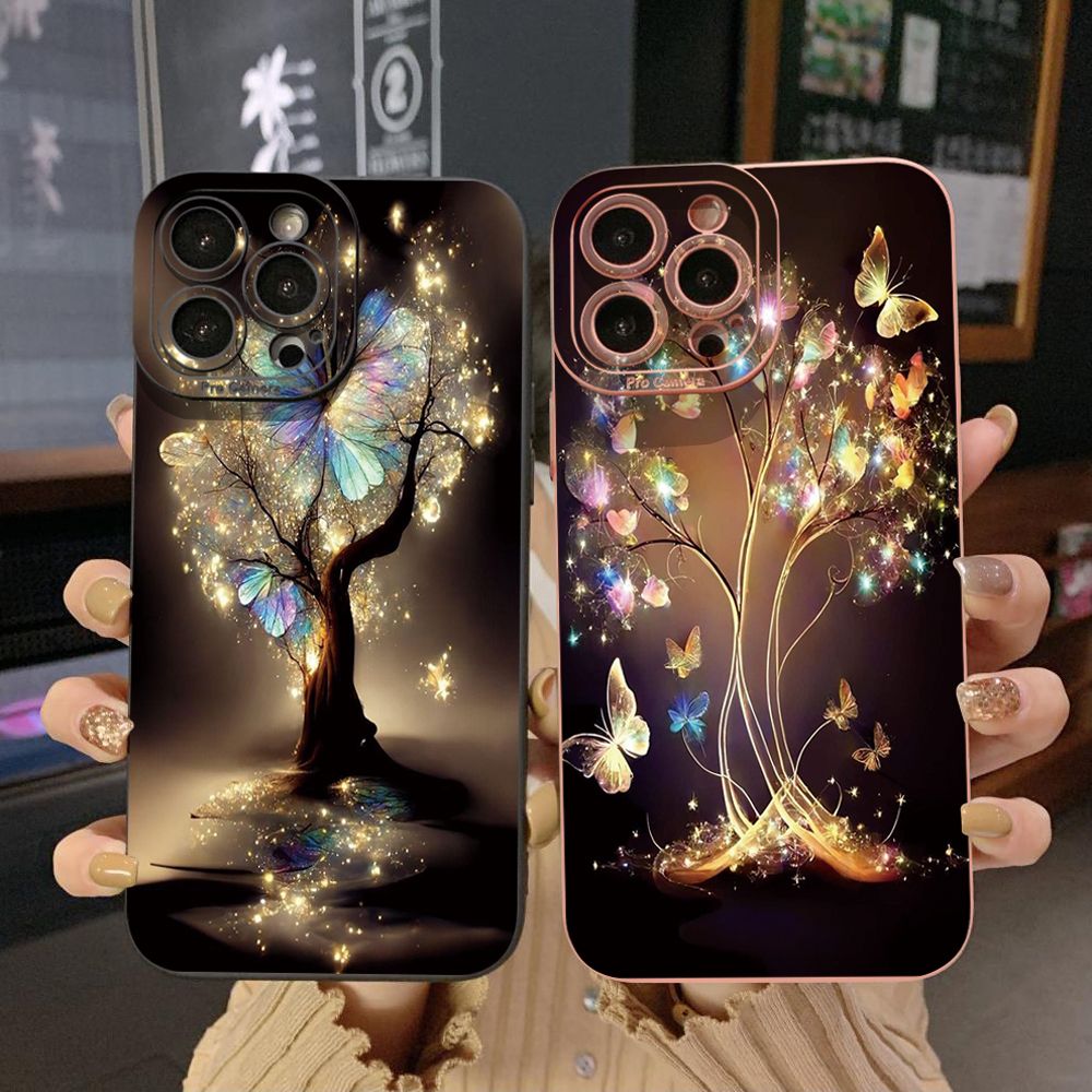 for iPhone 15 Pro Max 14 Plus 13 Pro Max 12 iPhone 11 XR 8 7 SE 2022 XS Max Bling Butterfly Tree Full Protective Case Anti Drop Cover