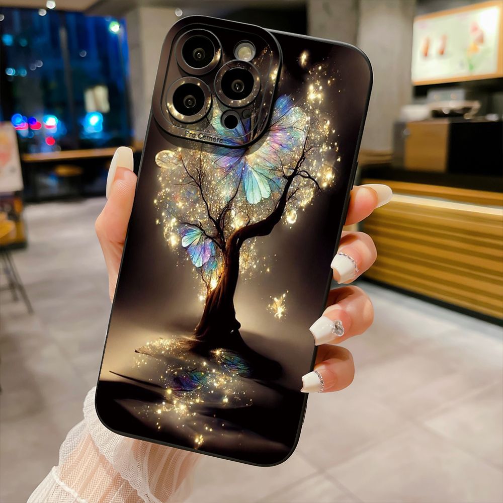 for iPhone 15 Pro Max 14 Plus 13 Pro Max 12 iPhone 11 XR 8 7 SE 2022 XS Max Bling Butterfly Tree Full Protective Case Anti Drop Cover