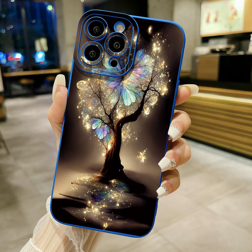 for iPhone 15 Pro Max 14 Plus 13 Pro Max 12 iPhone 11 XR 8 7 SE 2022 XS Max Bling Butterfly Tree Full Protective Case Anti Drop Cover
